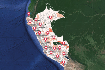 vista satelital del mapa del perú con ícono de localización en los departamentos